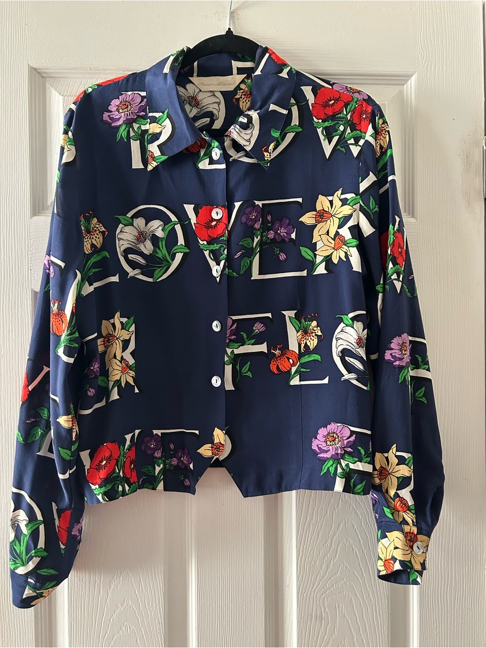 Vintage 80s Peter Martin 100% Silk LOVER Graphic Floral Blouse Vtg M / L